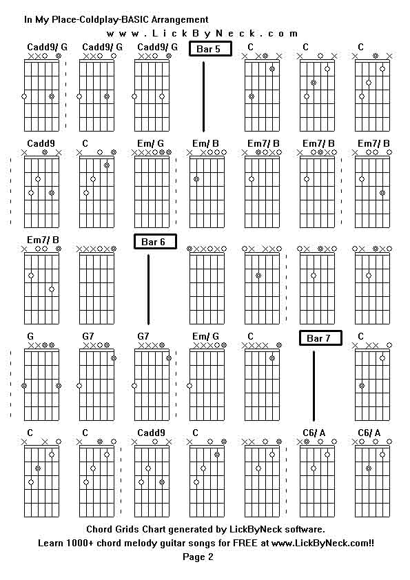 Chord Grids Chart of chord melody fingerstyle guitar song-In My Place-Coldplay-BASIC Arrangement,generated by LickByNeck software.